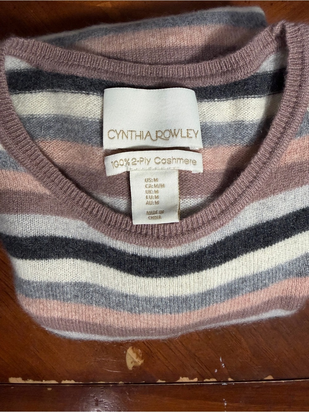 100% CASHMERE Cynthia Rowley Striped Crewneck Sweater in Pink, Gray & Cream - Picture 2 of 3